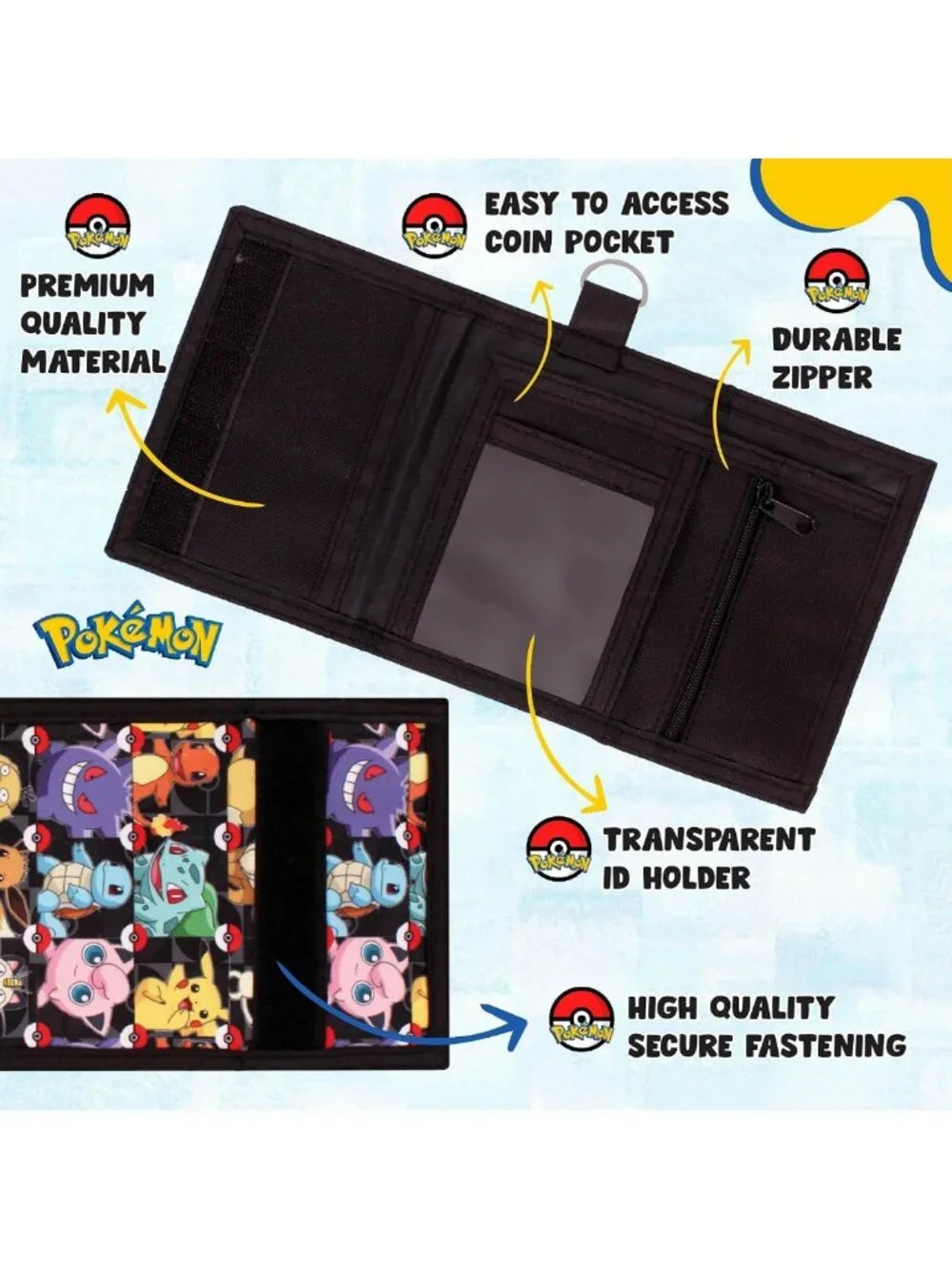 Kids Trifold Canvas Wallet with Zip, Coin & Card Holder - Pokemon Design